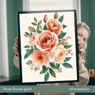 Poster Fleurs de roses en aquarelle romantique rose tendr