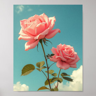 Poster Fleurs de Roses Roses Vintage Ciel Bleu Art Botani