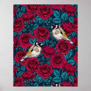 Poster Fleurs de roses rouges et oiseaux d'or