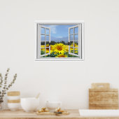 Poster Fleurs de soleil d'été Jardin Vue Faux Fenêtre (Cuisine)
