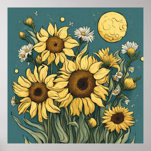 Poster Fleurs de soleil en Pleine lune Van Gogh Style Flo (Devant)