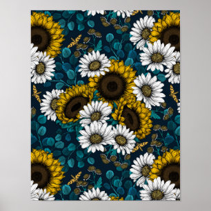 Poster Fleurs de soleil et marguerites, jardin d'été 2