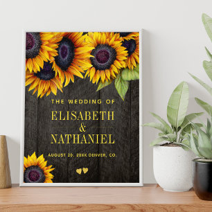 Poster Fleurs de soleil jaunes bois rustique mariage sign