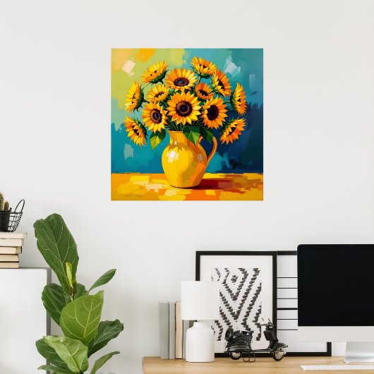 Poster Fleurs de soleil jaunes dans un vase jaune (Bureau à domicile)