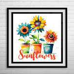 Poster Fleurs de soleil potées colorées<br><div class="desc">Poster de fleurs de soleil en pots de couleur</div>