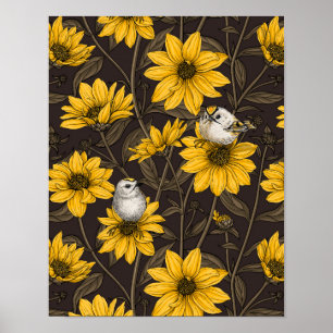 Poster Fleurs de soleil sauvages et crêtes d'or/ jaune