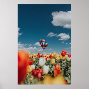 Poster Fleurs de tulipe jaune et rouge sous montgolfière