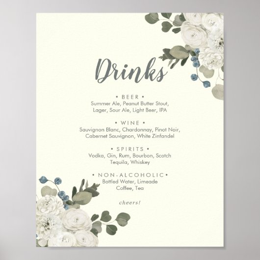 Poster Fleurs d'hiver | Panneau de boissons de mariage iv (Devant)