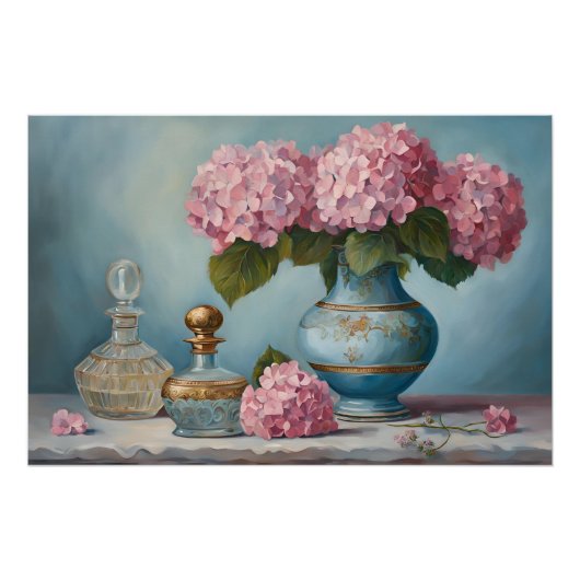 Poster Fleurs d'Hydrangée rose et bouteilles de parfum Vi (Devant)