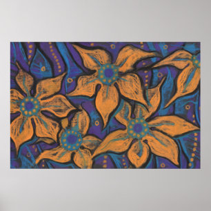 Poster Fleurs d'or, art floral abstrait, orange violet