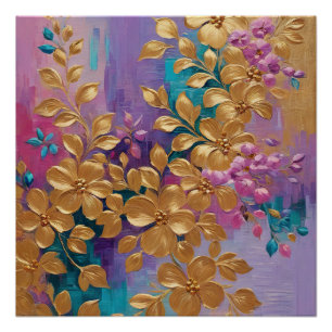 Poster Fleurs D'Or Peintes Sur Lilac Rose Turquoise