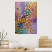 Poster Fleurs D'Or Peintes Sur Lilac Rose Turquoise (Cuisine)
