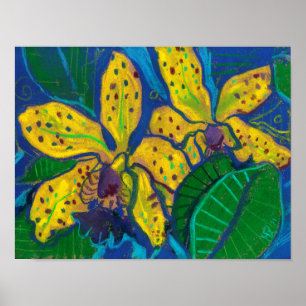 Poster Fleurs d'orchidées jaunes, Peinture pastel Art Flo