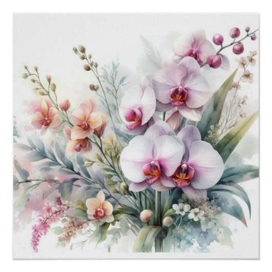 Poster Fleurs d'orchidées tropicales aquarelle pastel (Devant)