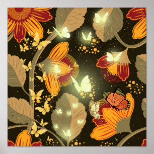 Poster Fleurs du jardin foncé et papillons clairs
