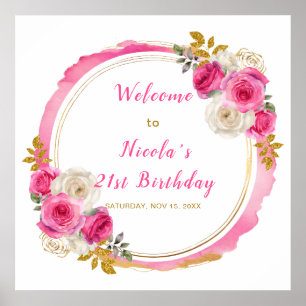 Poster Fleurs élégantes roses et or chaud Anniversaire