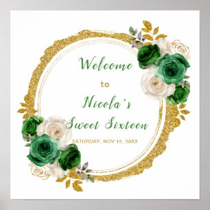 Poster Fleurs élégantes Sweet sixteen vert foncé et or