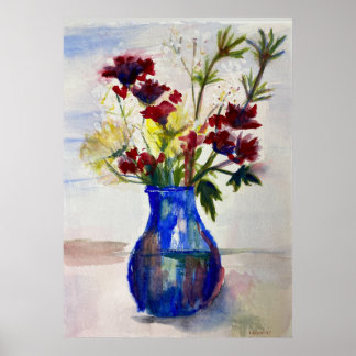 Poster Fleurs en bleu Vase Aquarelle Art Imprimer