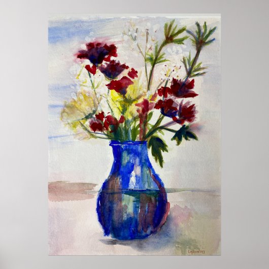 Poster Fleurs en bleu Vase Aquarelle Art Imprimer (Devant)