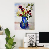Poster Fleurs en bleu Vase Aquarelle Art Imprimer (Bureau à domicile)