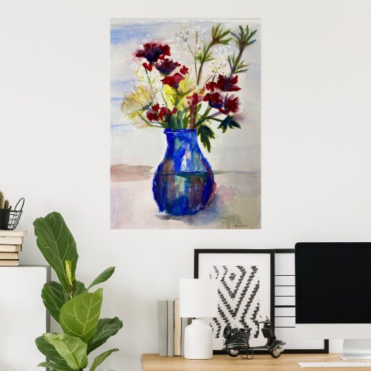 Poster Fleurs en bleu Vase Aquarelle Art Imprimer (Bureau à domicile)