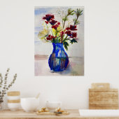 Poster Fleurs en bleu Vase Aquarelle Art Imprimer (Cuisine)