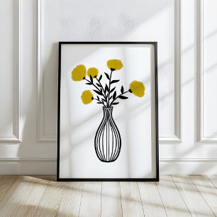 Poster Fleurs en vase en média mixtes dessinées à la main