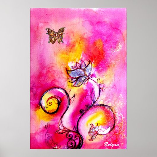 Poster FLEURS ET BUTTERFLIS BLANCS bleu rose (Devant)