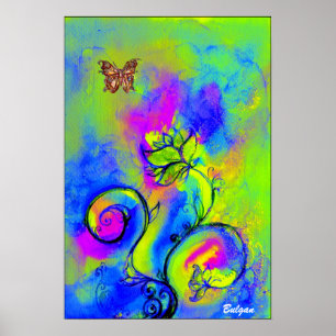 Poster FLEURS ET BUTTERFLIS BLANCS bleu vert jaune