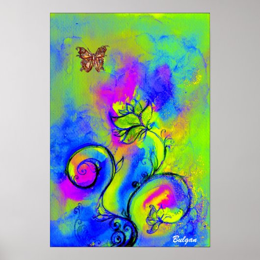 Poster FLEURS ET BUTTERFLIS BLANCS bleu vert jaune (Devant)