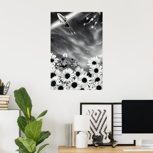 Poster Fleurs et espace, art spatial (Bureau à domicile)