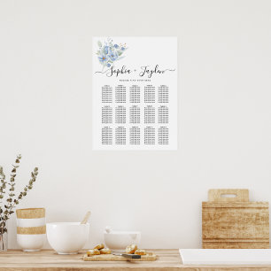 Poster Fleurs et feuilles aquarelles bleu poussiéreux rus