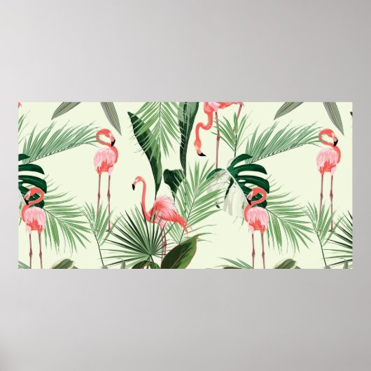 Poster Fleurs exotiques et flamands roses, feuilles de pa (Devant)