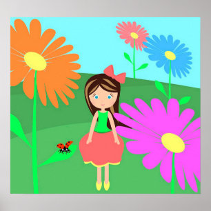 Poster Fleurs, fille et coccinelle