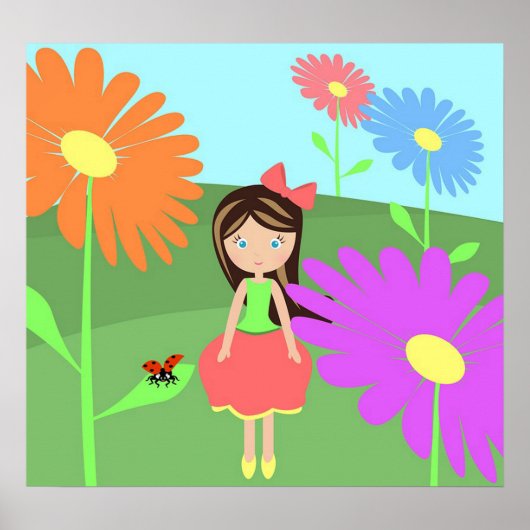 Poster Fleurs, fille et coccinelle (Devant)