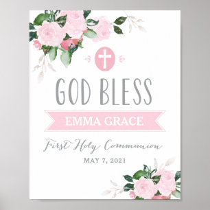 Poster Fleurs florales Dieu béni Communion signe rose