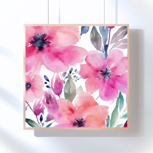 Poster Fleurs Florales   Fleurs Roses Peintes à l'Aquarel