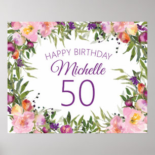 Poster Fleurs Florales Violettes Roses Feuilles Vertes 50