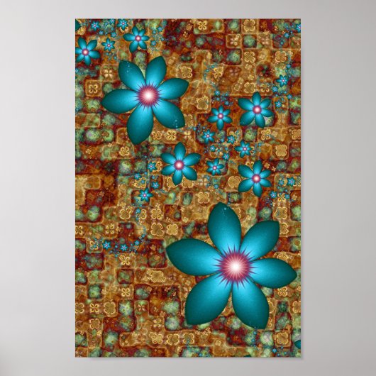 Poster Fleurs fractales turquoise (Devant)