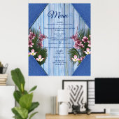 Poster Fleurs graphiques roses sur tissu en bois bleu (Bureau à domicile)