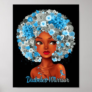 Poster Fleurs Gris Bleu Afro Cheveux Femme Noire Diabète