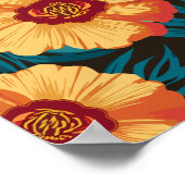Poster Fleurs jaune or et rouge avec Feuilles Turquoises (Coin)