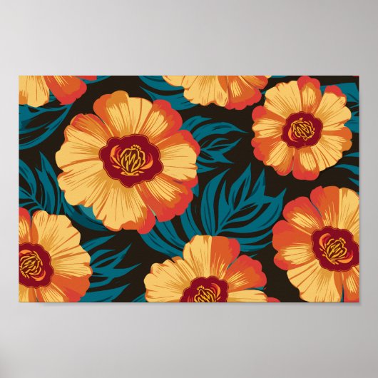 Poster Fleurs jaune or et rouge avec Feuilles Turquoises (Devant)