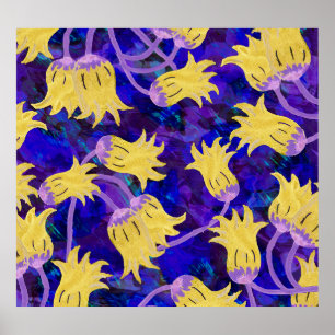 Poster Fleurs jaunes : aquarelle arrière - plan foncée