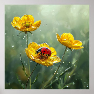 Poster 🐞 Fleurs Jaunes Coccinelle Décor Naturel 🐞