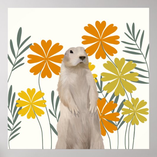 Poster Fleurs Jaunes et Oranges de marmotte mignonne (Devant)