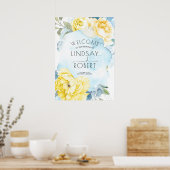 Poster Fleurs Jaunes Mariage d'aquarelle bleu foncé (Cuisine)