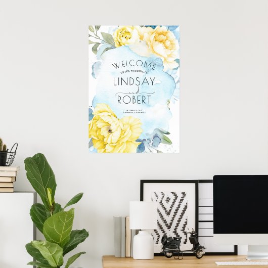 Poster Fleurs Jaunes Mariage d'aquarelle bleu foncé (Bureau à domicile)