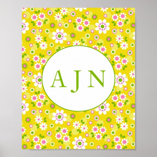 Poster Fleurs Mood rétro Monogramme jaune et blanc (Devant)