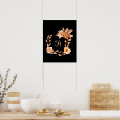 Poster Fleurs noir marron et pêche monogrammées  (Cuisine)